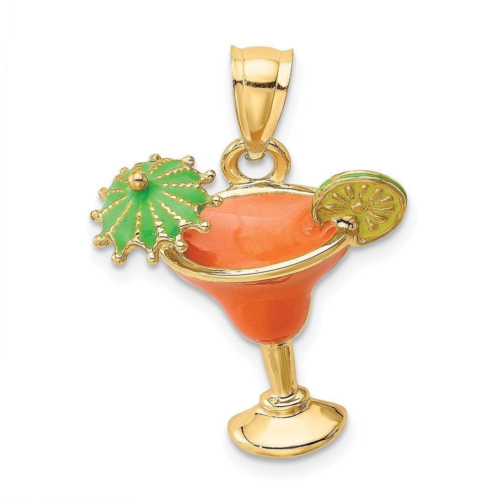 14k Yellow Gold Orange Enameled Margarita Drink w/Umbrella & Lime Charm Pendant